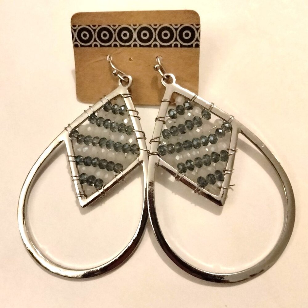 Silver Hoop Drop Earrings Blue White Beaded Art Deco Centerpiece